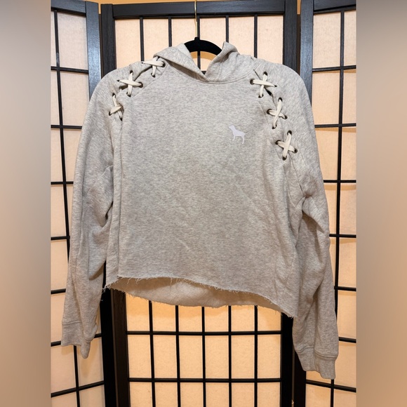 PINK Victoria's Secret Tops - PINK Victoria's Secret Crooped Light Gray Lace-Up Hoodie